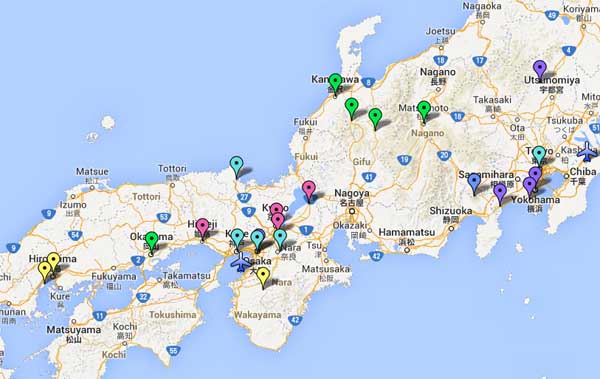 mapa con diferentes itinerarios