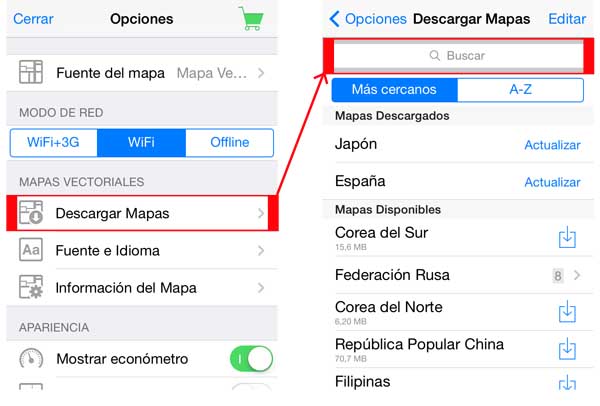 bajando mapas en la app galileo