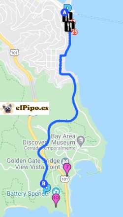 itinerario hasta otro mirador antes de cruzar el Golden Gate