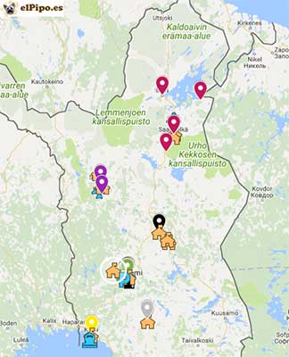 mapa de alojamientos tipo iglú en Laponia finlandesa
