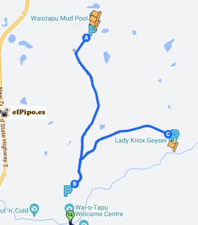 itinerario hasta la entra del parque de Wai-o-tapu y después hasta Lady Knox