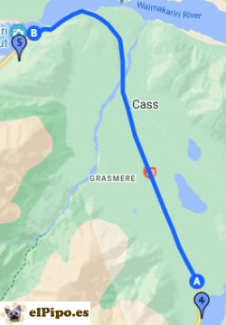 itinerario hasta Waimakariri River