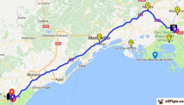 recorrido entre narbonne y arles