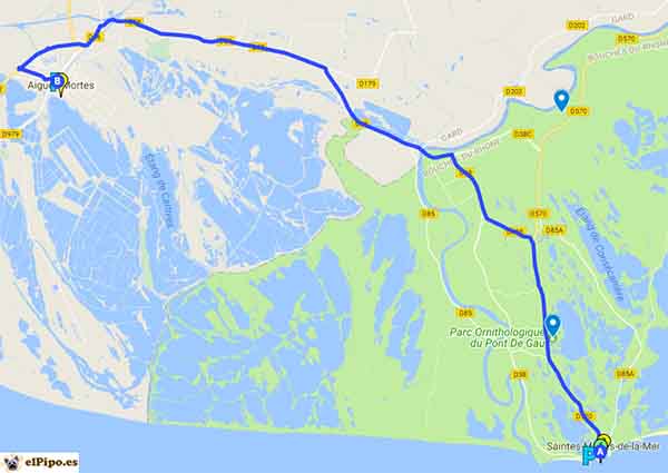 recorrido entre Saintes-Maries-de-la-Mer y Aigües-Mortes