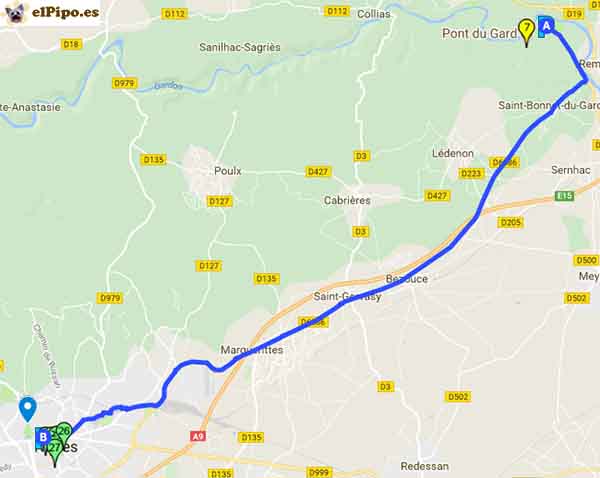 recorrido entre Pont du Gard y Nîmes