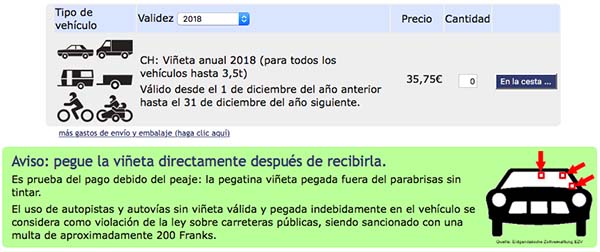 viñeta para circular por autopistas suizas