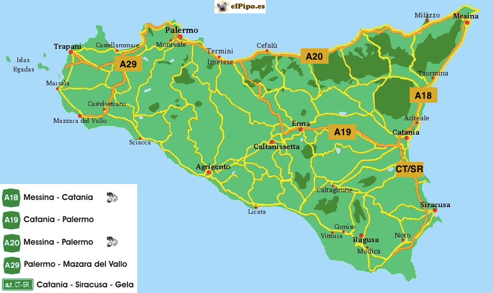mapa de sicilia con las autopistas de peaje