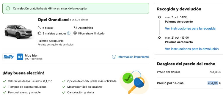 datos del coche de alquiler